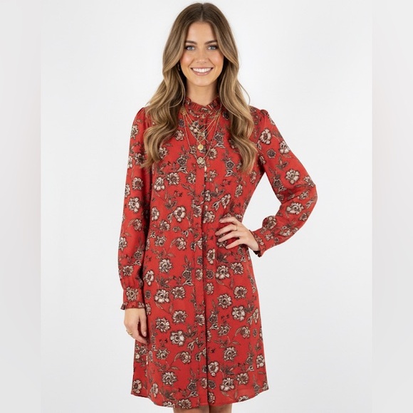 LOFT Cottagecore Red Floral Long Sleeve Dress Petite Size 10 10P New With Tags - Picture 1 of 6